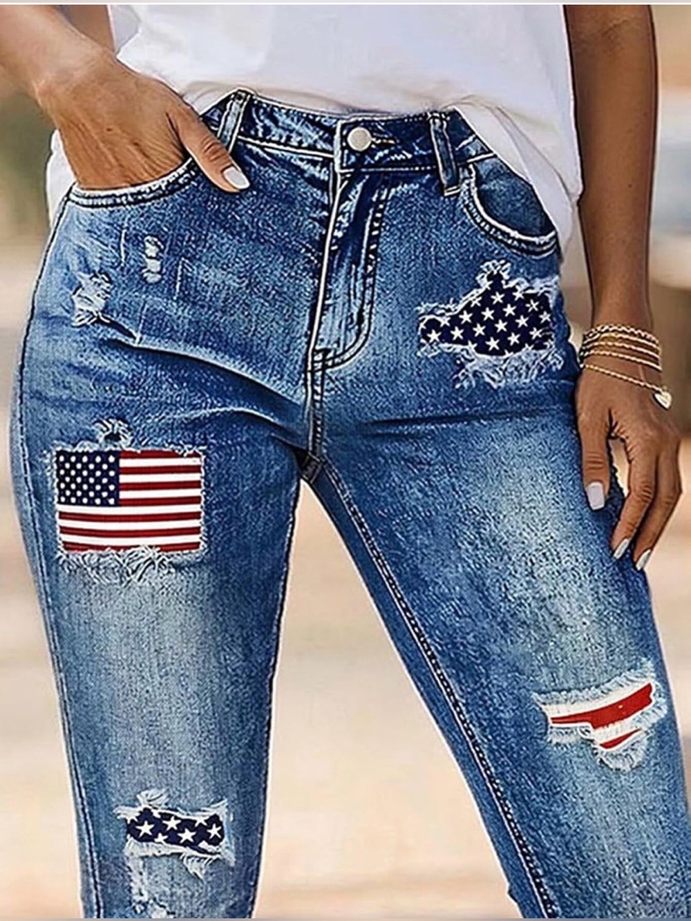 Flamingals Mid Rise Capri Skinny Wash Crop American Flag Jeans M PS5-30 - Picture 2 of 7